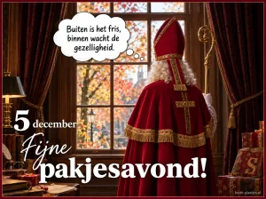 Sinterklaas kijkt bij een raam naar buiten terwijl een tekstballon een gezellige avond aankondigt.