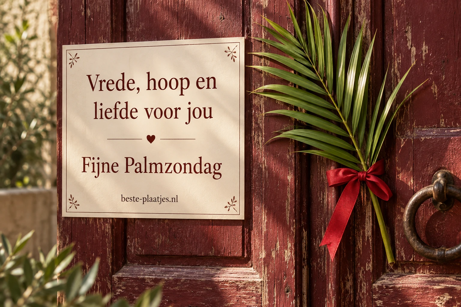 Een palmtak met een rood lint hangt naast een groet op een verweerde houten deur. Een palmtak met een rood lint hangt naast een groet op een verweerde houten deur.