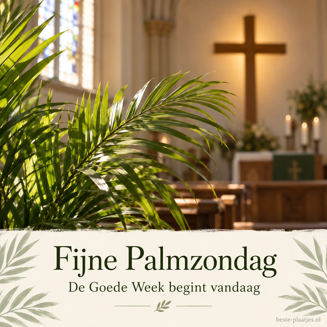 Palmtakken staan voor een houten kruis in een warm verlichte kerk. Palmtakken staan voor een houten kruis in een warm verlichte kerk.