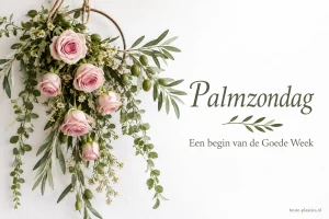 Roze rozen en olijftakken hangen naast een rustige Palmzondag groet.