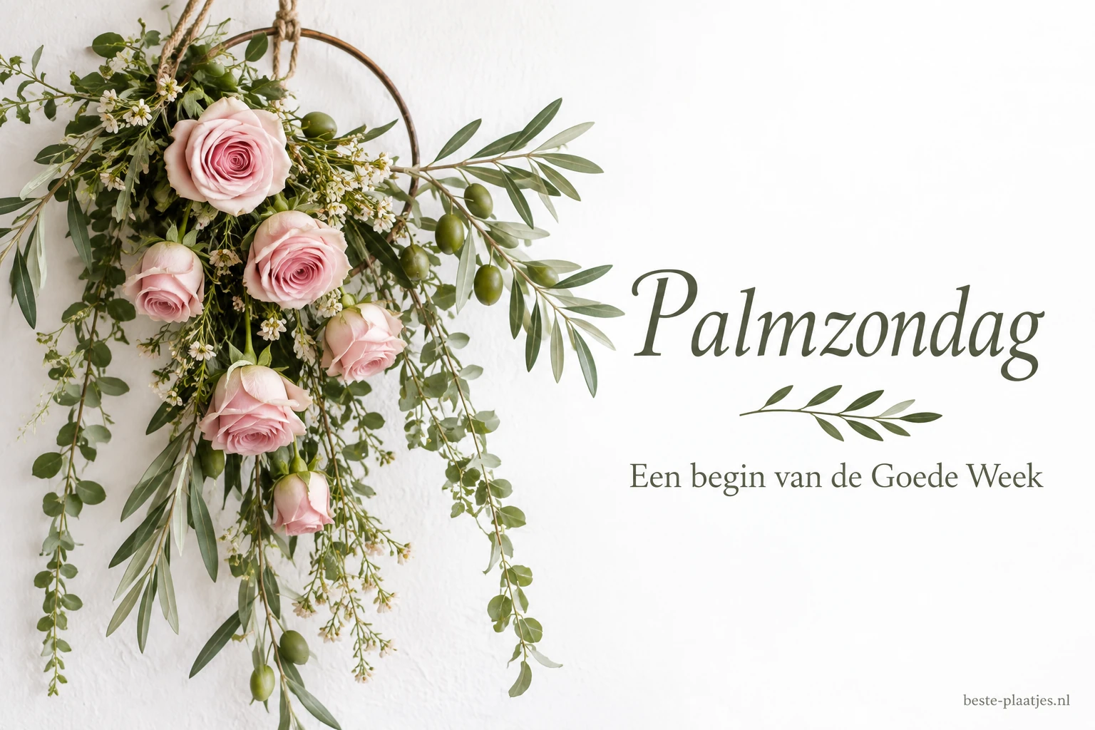Roze rozen en olijftakken hangen naast een rustige Palmzondag groet. Roze rozen en olijftakken hangen naast een rustige Palmzondag groet.