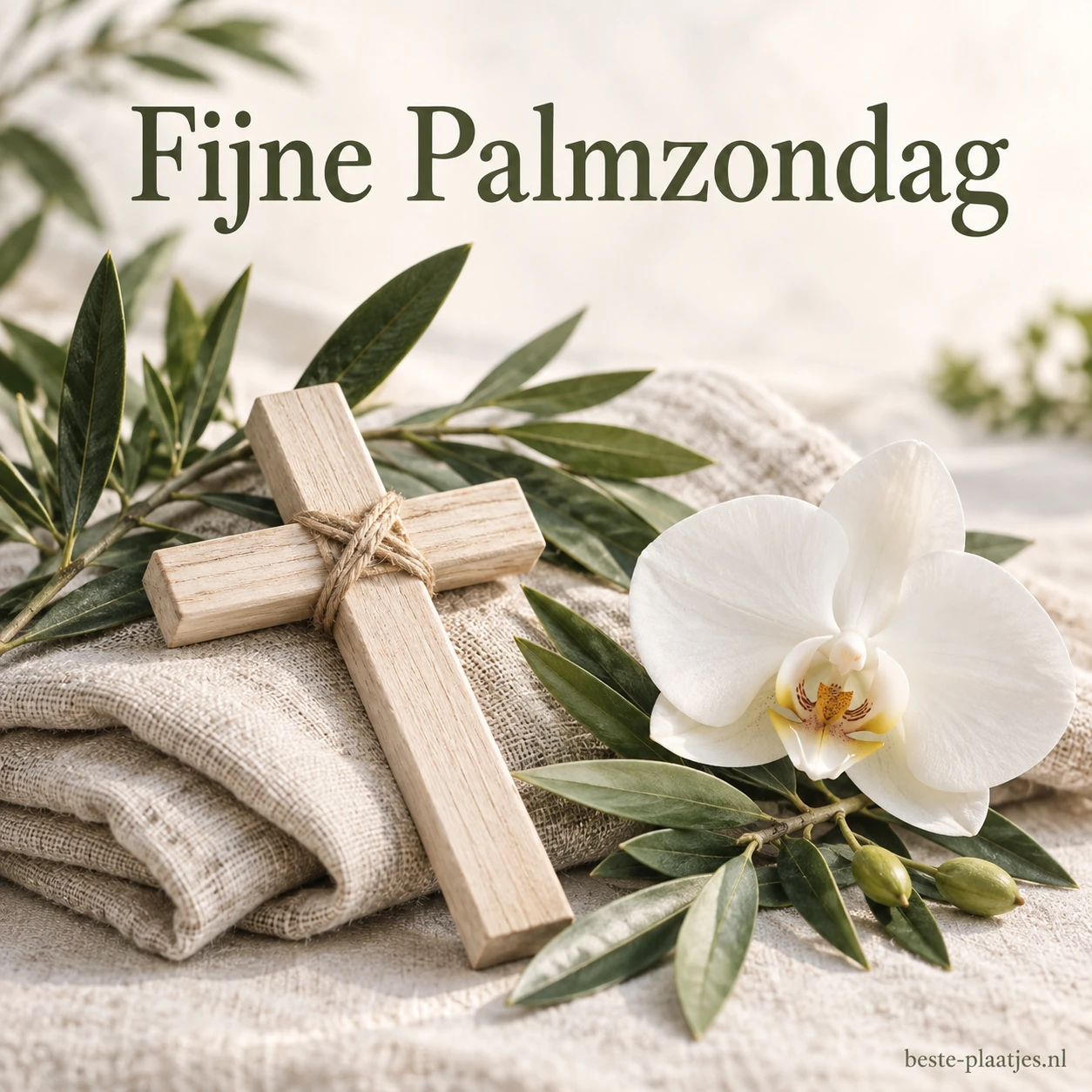Een houten kruis ligt met olijftakken en een witte orchidee op linnen. Een houten kruis ligt met olijftakken en een witte orchidee op linnen.