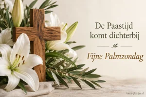 Een houten kruis staat tussen witte lelies en groene takken.