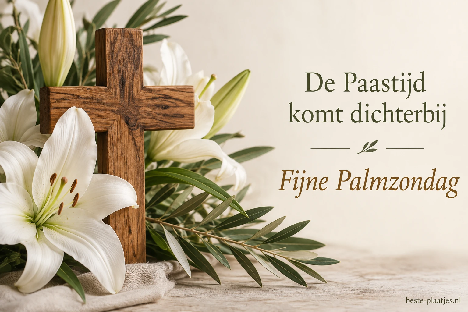 Een houten kruis staat tussen witte lelies en groene takken. Een houten kruis staat tussen witte lelies en groene takken.