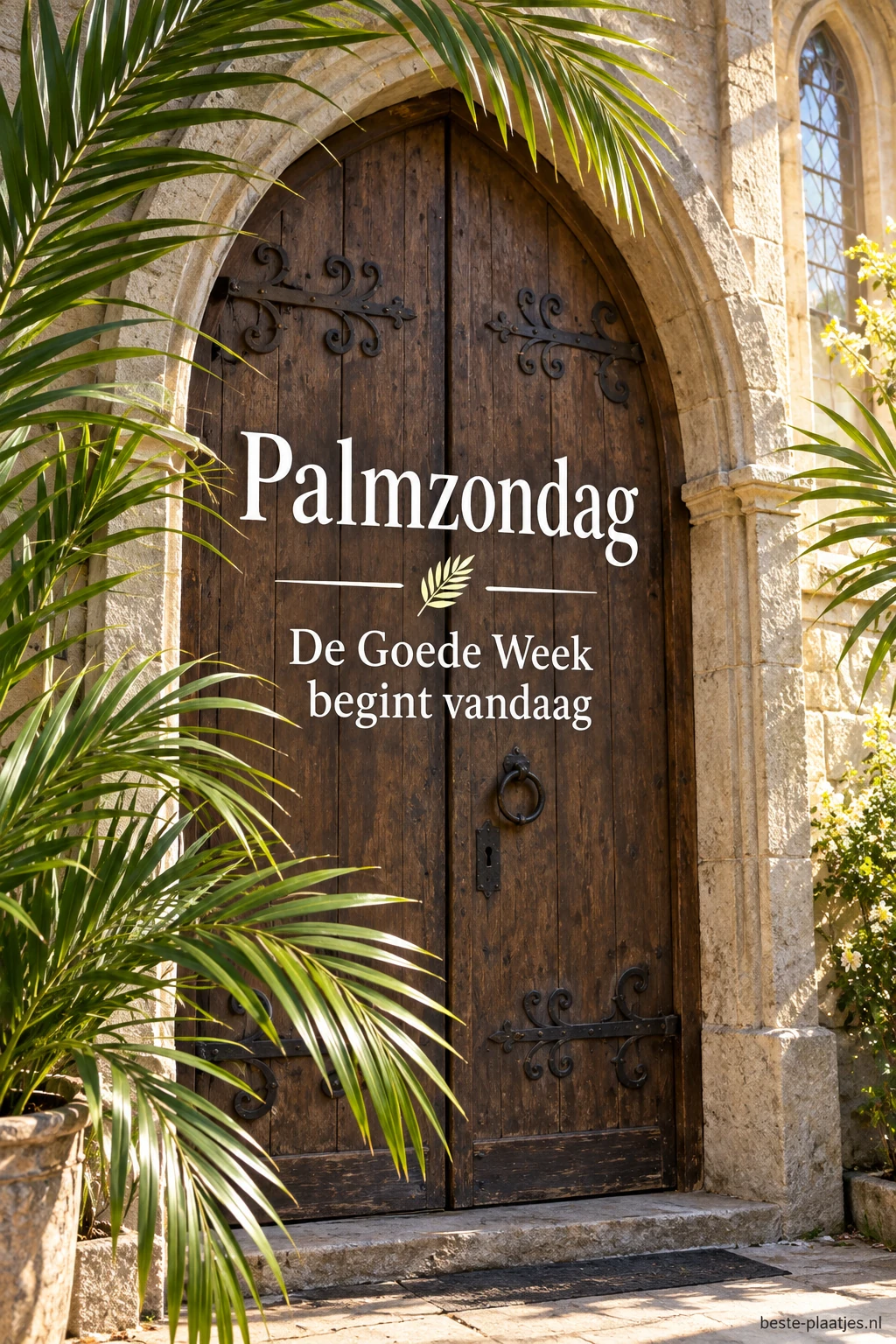 Een oude kerkdeur wordt omringd door palmtakken in de ochtendzon. Een oude kerkdeur wordt omringd door palmtakken in de ochtendzon.