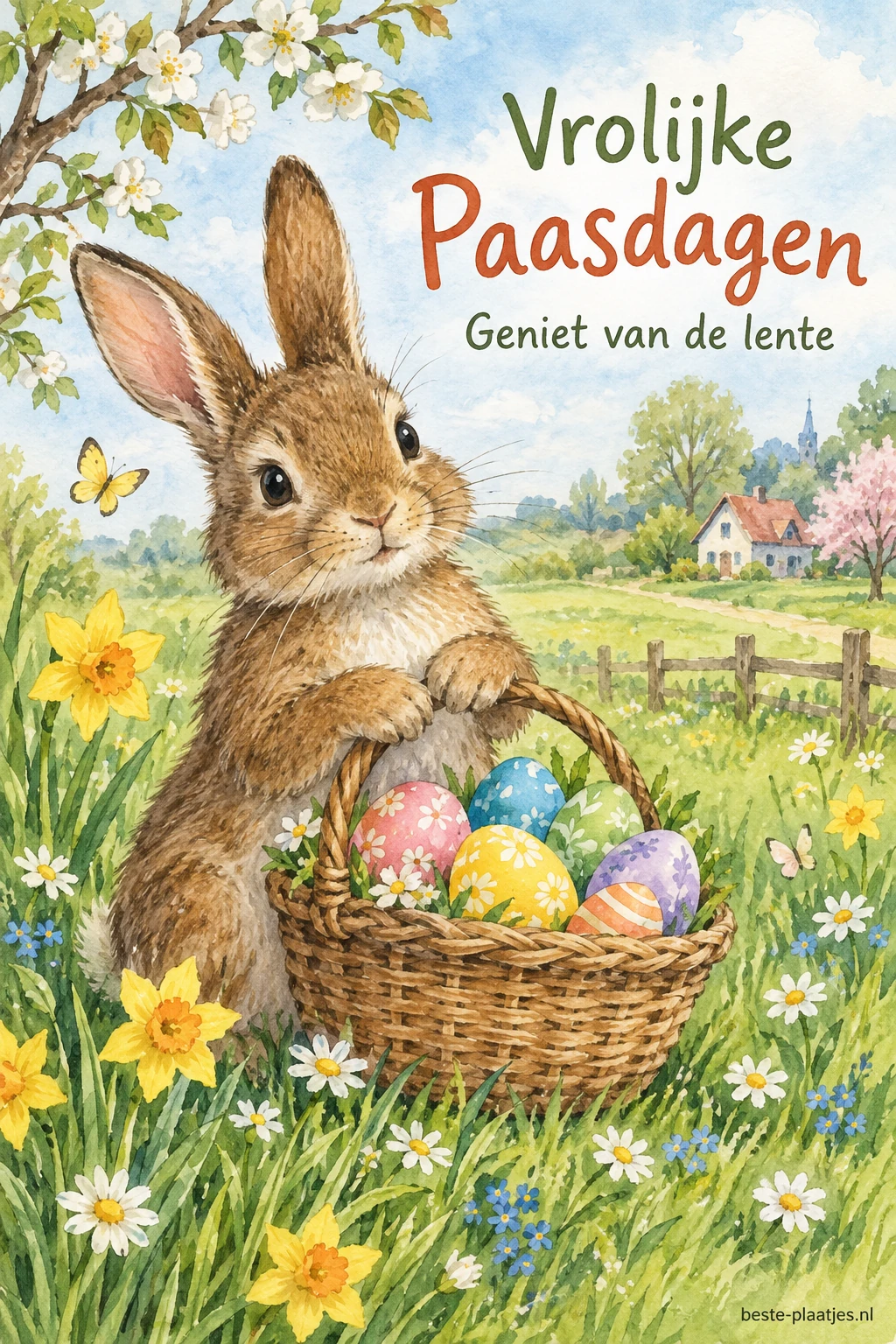 Een geschilderd bruin konijn draagt een mand met kleurige eieren door een bloemenweide.