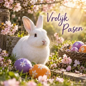 Een wit konijn zit tussen bloesem en beschilderde eieren in warm zonlicht.