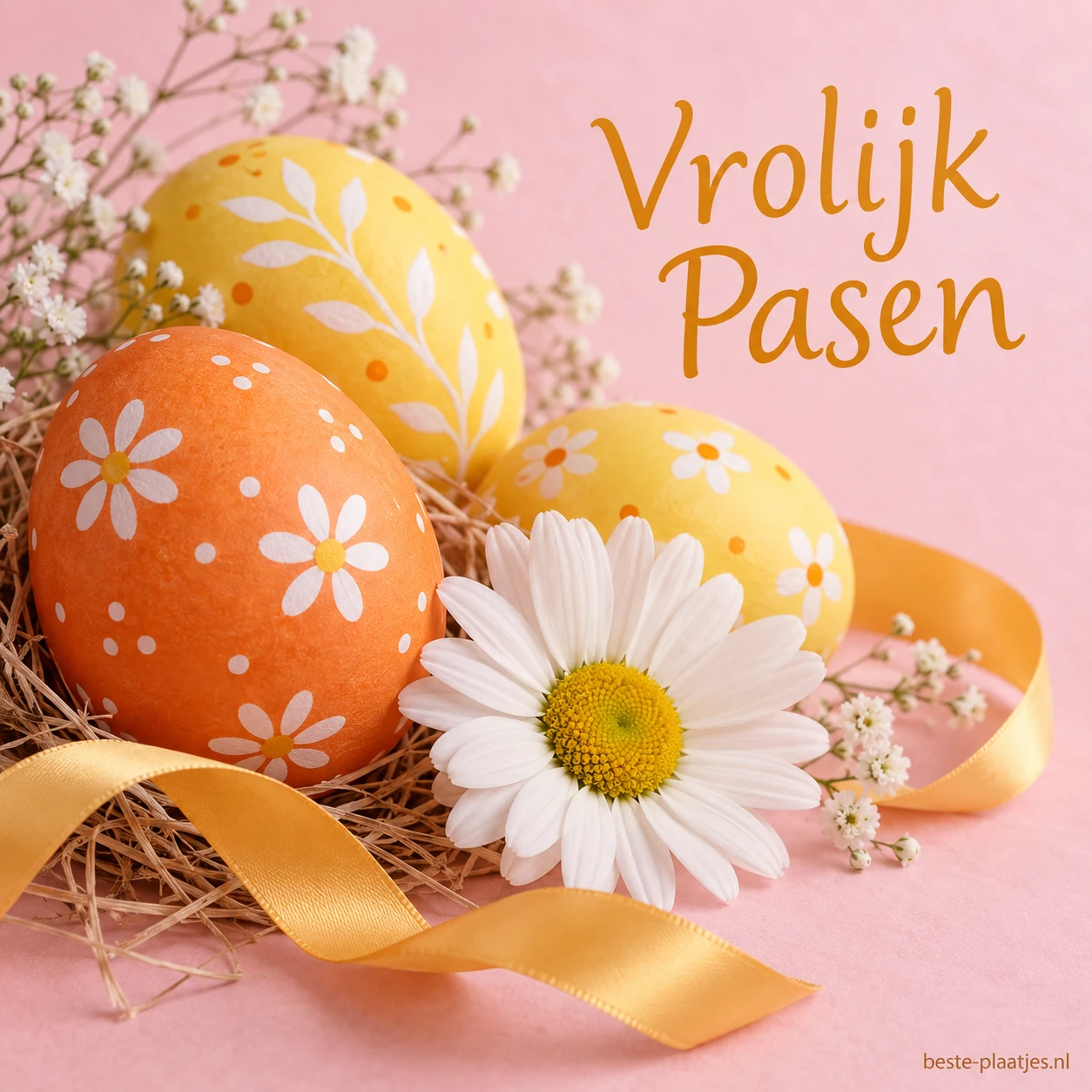 Gele en oranje paaseieren liggen met een wit madeliefje op roze papier.