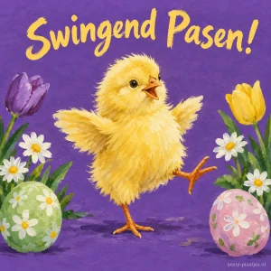 Een geel kuiken danst tussen bloemen en paaseieren op paars papier.