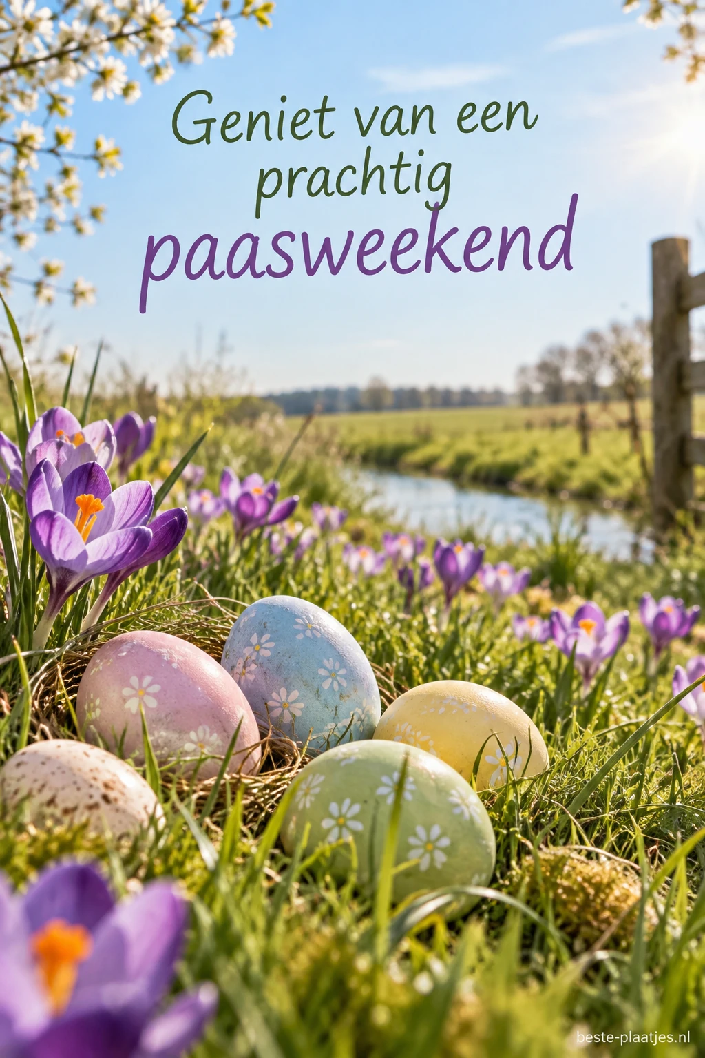 Pastelkleurige eieren liggen tussen paarse krokussen in een zonnige weide.