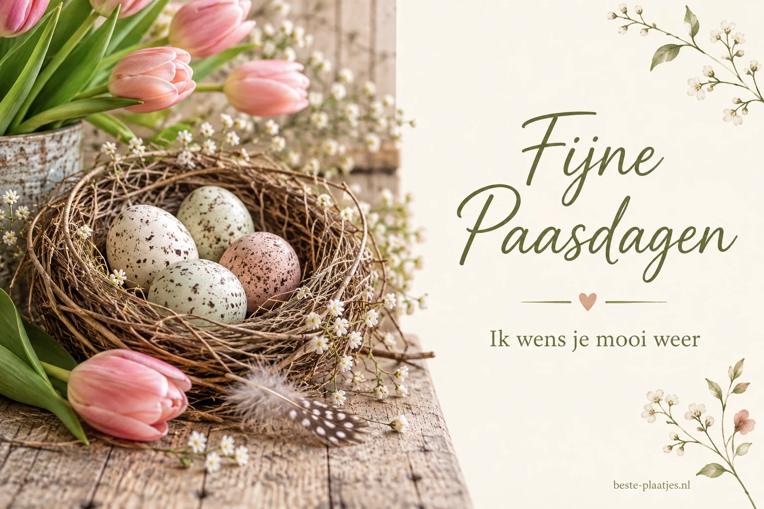 Een nest met gespikkelde eieren ligt naast roze tulpen op verweerd hout.