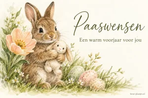 Een geschilderd konijn houdt een zacht speelgoedkonijn vast tussen bloemen en eieren.