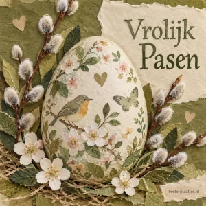 Een versierd paasei ligt tussen wilgentakken en witte bloesem op handgemaakt papier.