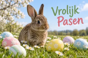 Een bruin konijn zit tussen pastelkleurige eieren en madeliefjes in het gras.