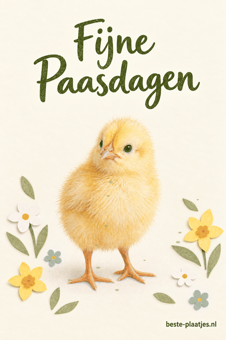 Een geel kuiken staat tussen papieren voorjaarsbloemen op een lichte kaart.