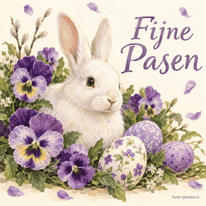 Een wit konijn zit in een schildering tussen paarse viooltjes en paaseieren.