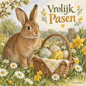 Een geschilderd bruin konijn zit bij een mand met eieren en gele bloemen.