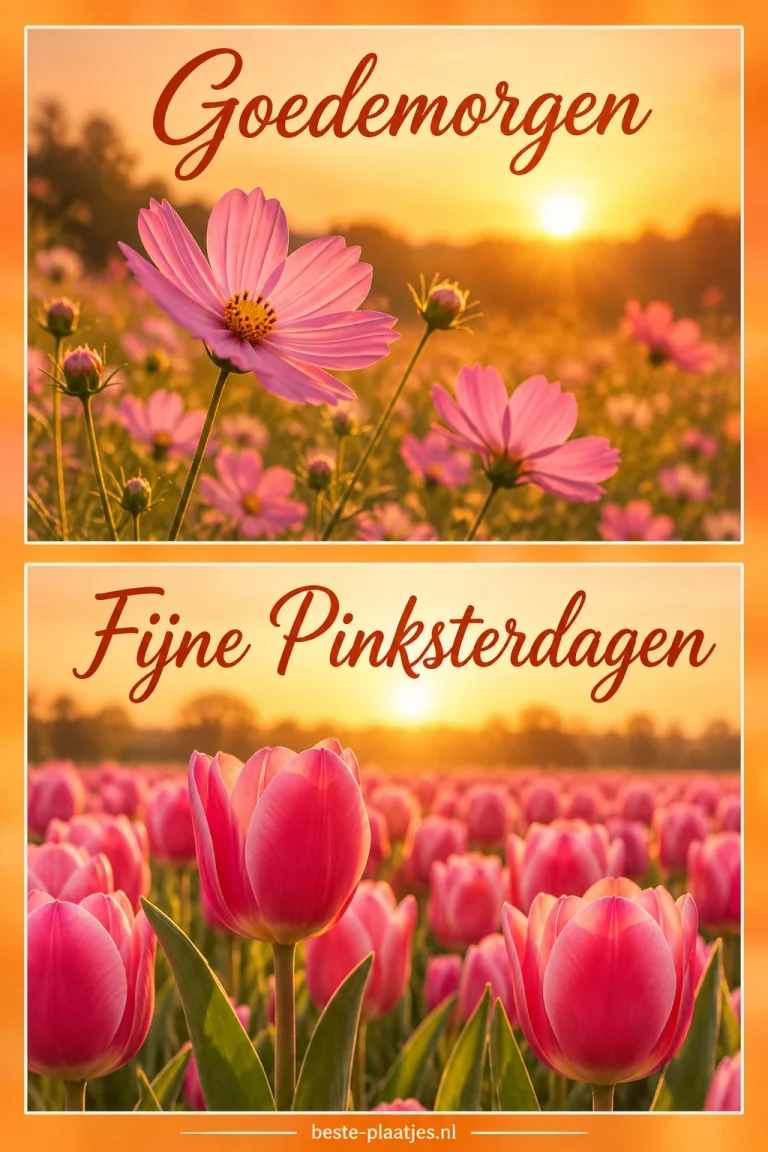 Twee bloemfoto's tonen roze cosmea's in de zon en een veld vol roze tulpen.
