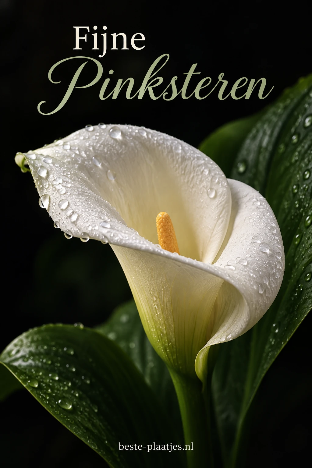Een witte calla met dauwdruppels komt uit een donkere achtergrond naar voren.