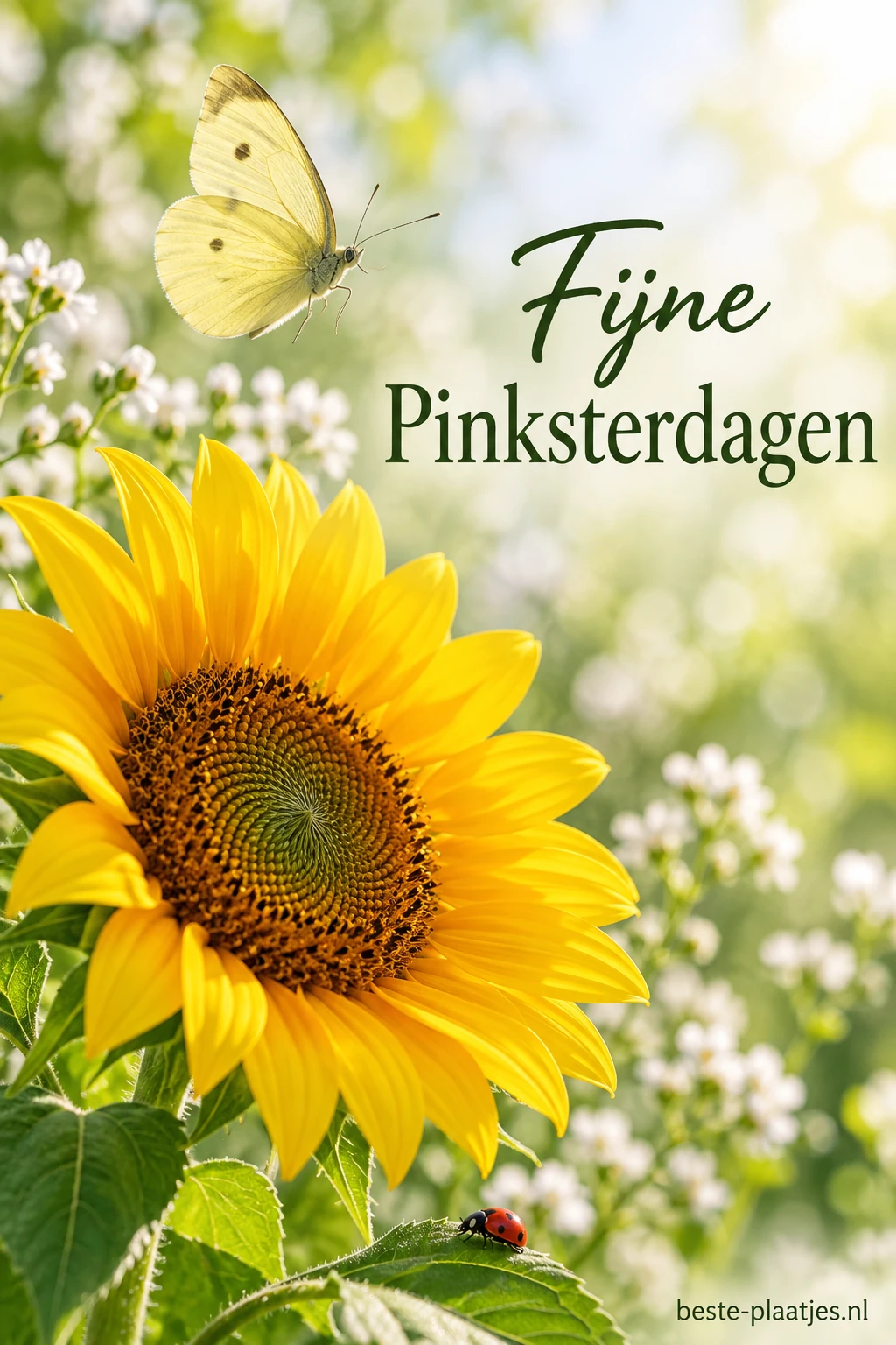 Een gele zonnebloem staat onder een lichte vlinder tegen een groene lentetuin. Een gele zonnebloem staat onder een lichte vlinder tegen een groene lentetuin.