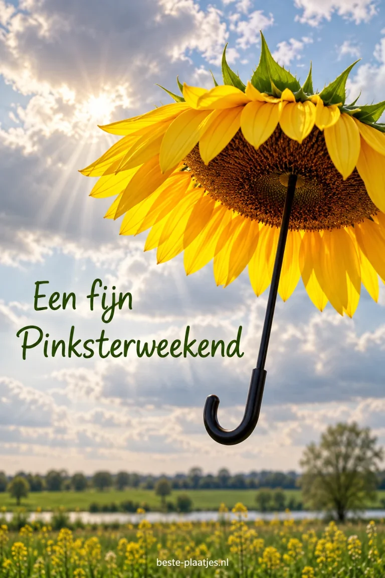 Een zonnebloem vormt de kap van een paraplu onder een bewolkte hemel.