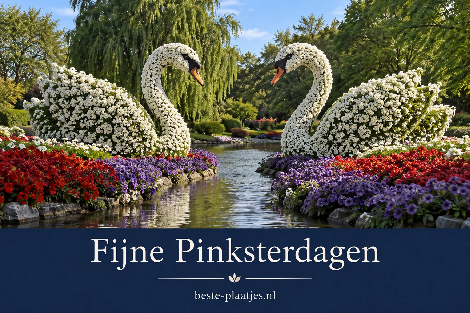 Twee witte zwanen van bloemen staan tegenover elkaar langs een tuinbeek. Twee witte zwanen van bloemen staan tegenover elkaar langs een tuinbeek.