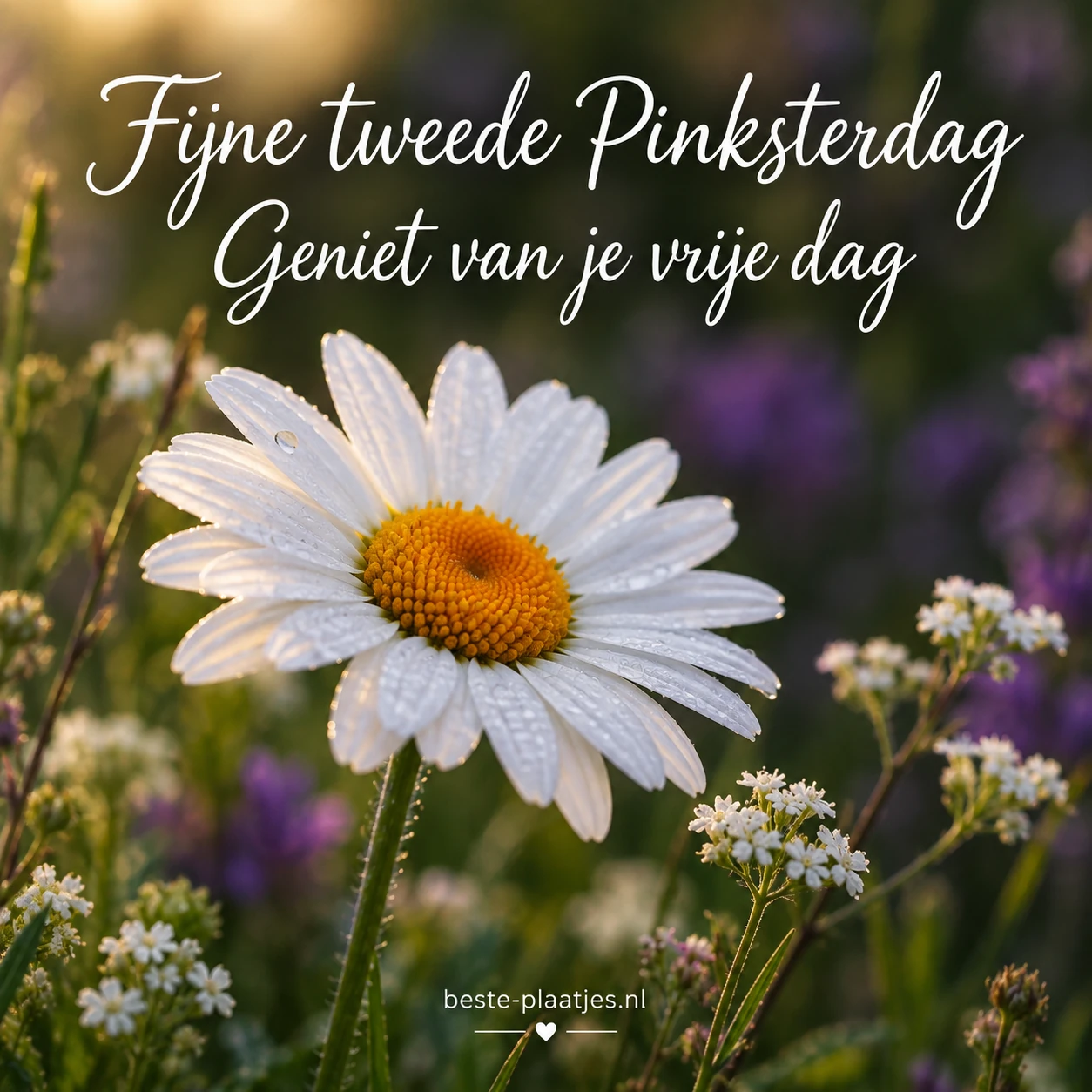 Een witte margriet bloeit in de avondzon tussen kleine veldbloemen. Een witte margriet bloeit in de avondzon tussen kleine veldbloemen.