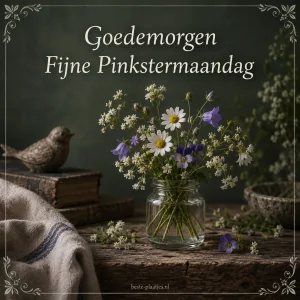 Witte en paarse veldbloemen staan in een glazen pot op een donkere houten tafel.