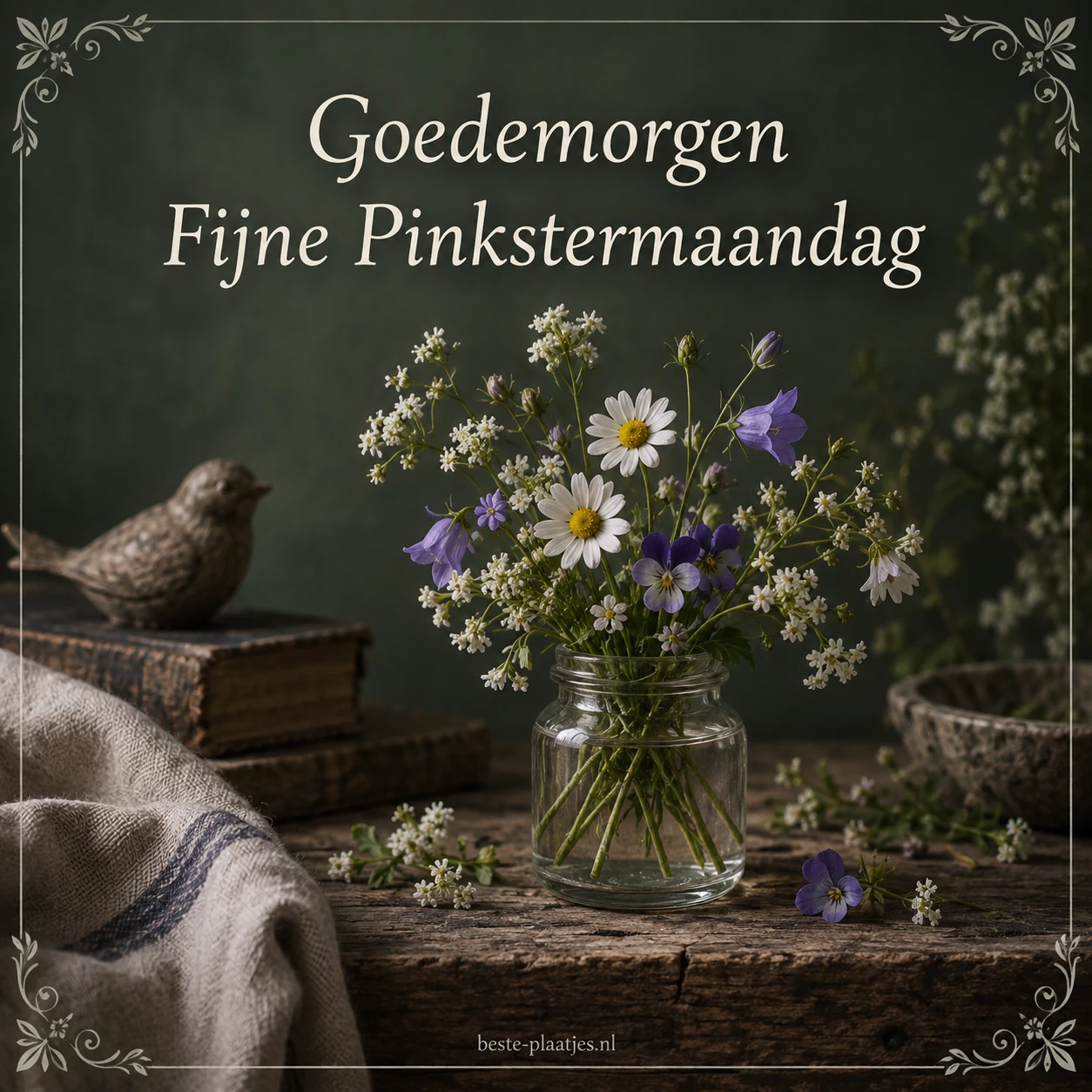Witte en paarse veldbloemen staan in een glazen pot op een donkere houten tafel. Witte en paarse veldbloemen staan in een glazen pot op een donkere houten tafel.
