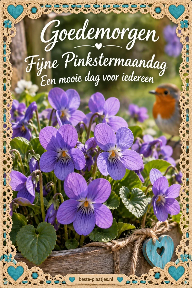 Paarse viooltjes en een roodborstje staan binnen een sierlijke bloemenrand.
