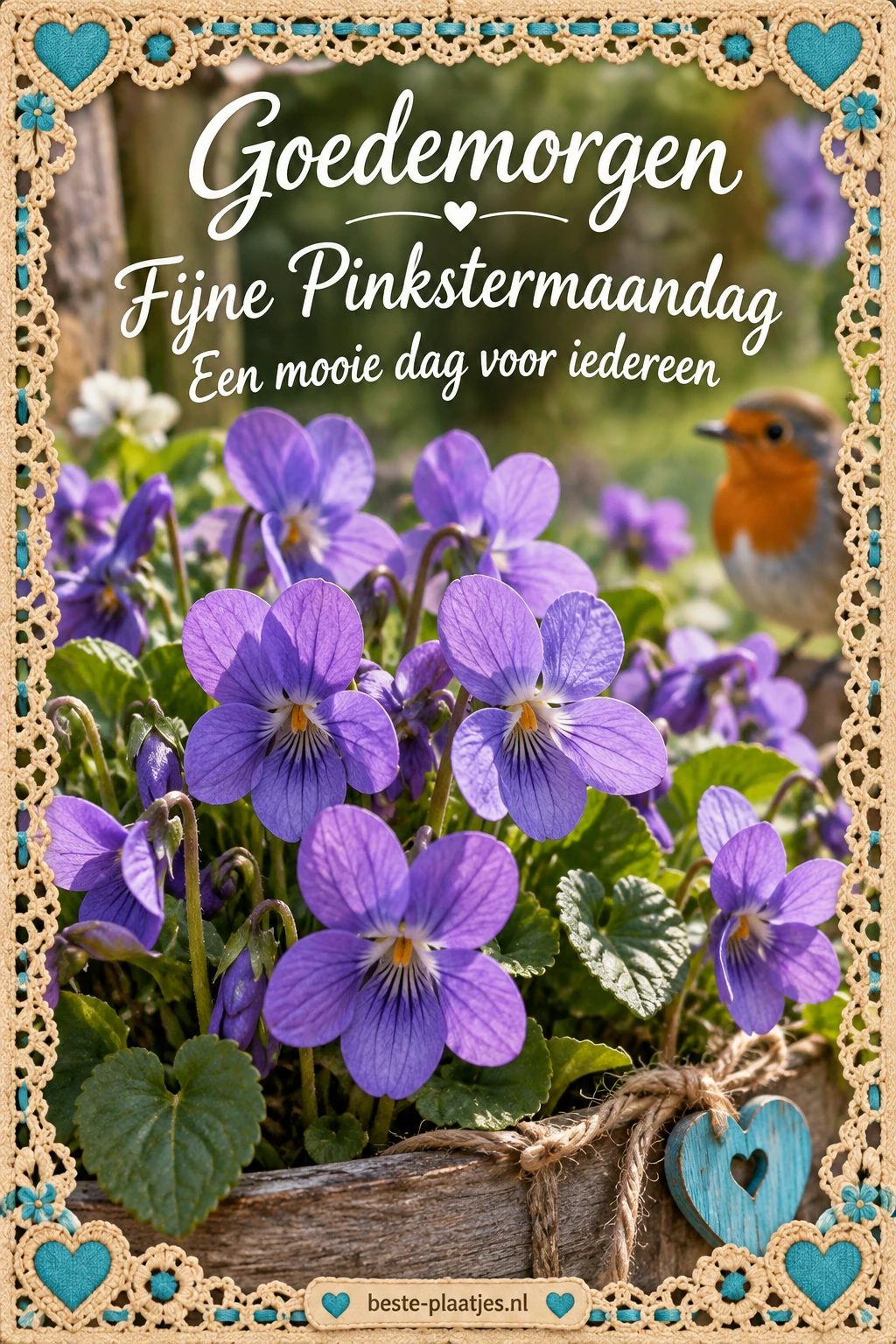 Paarse viooltjes en een roodborstje staan binnen een sierlijke bloemenrand. Paarse viooltjes en een roodborstje staan binnen een sierlijke bloemenrand.