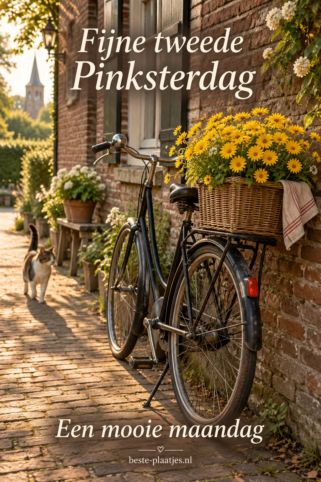 Een oude fiets met een mand vol gele bloemen staat in een zonnig straatje. Een oude fiets met een mand vol gele bloemen staat in een zonnig straatje.