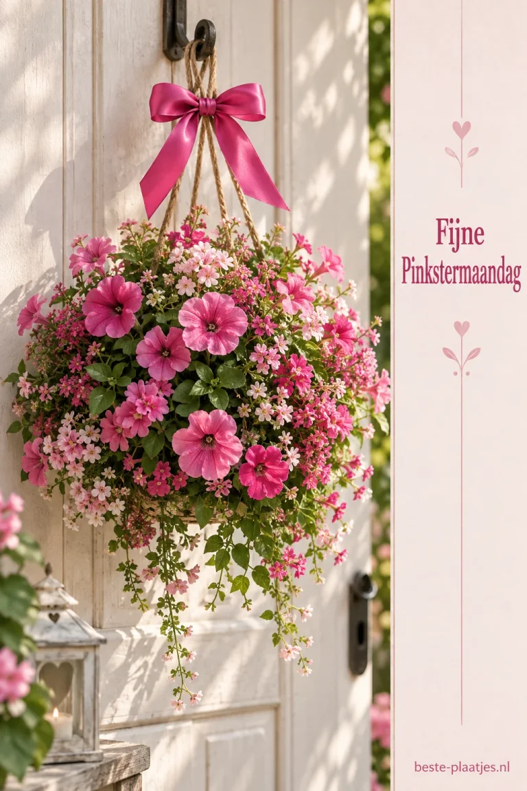 Een mand met roze bloemen hangt aan een lichte deur onder een roze strik.