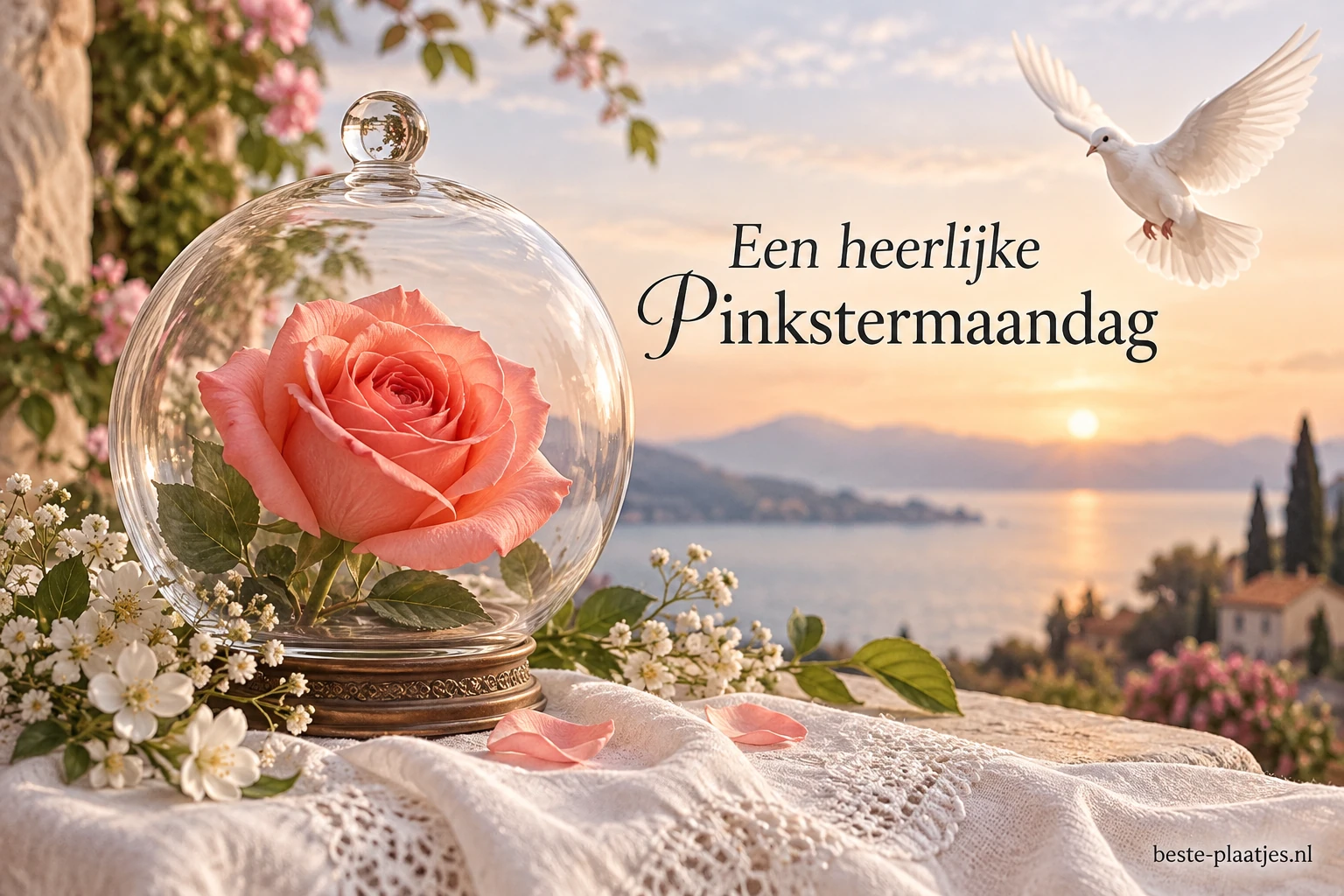Een roze roos staat onder een glazen stolp terwijl een witte duif voorbijvliegt. Een roze roos staat onder een glazen stolp terwijl een witte duif voorbijvliegt.