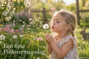 Een jong meisje blaast pluizen van een paardenbloem in een zonnige tuin.