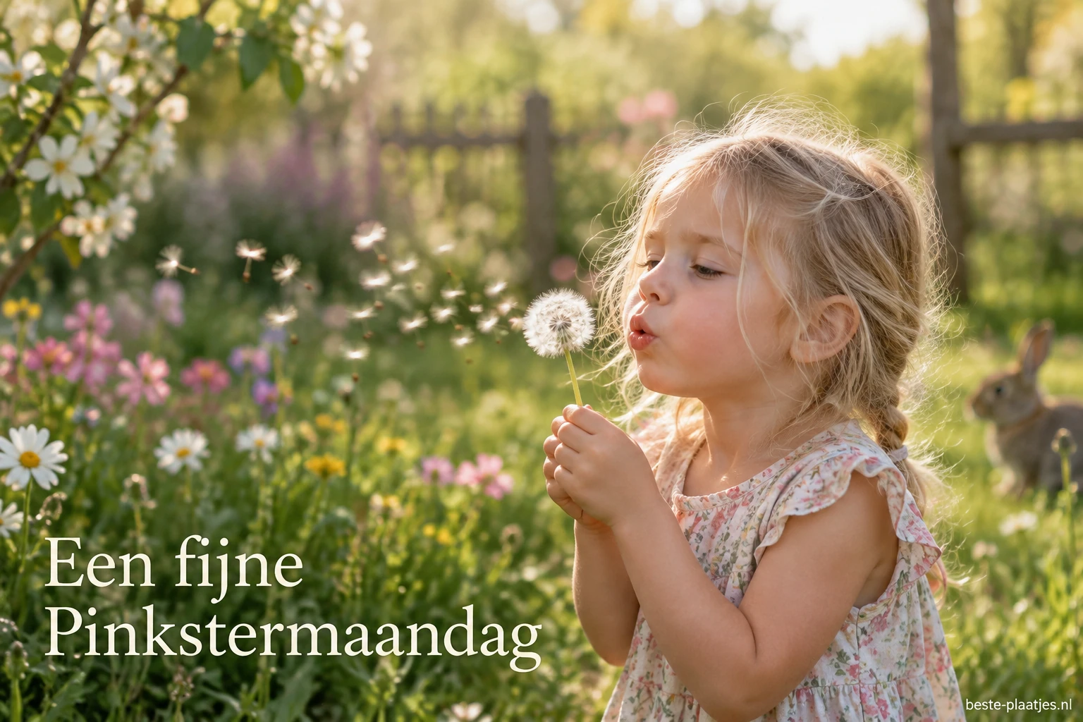 Een jong meisje blaast pluizen van een paardenbloem in een zonnige tuin. Een jong meisje blaast pluizen van een paardenbloem in een zonnige tuin.