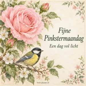 Een roze roos en een kleine vogel vormen samen een zachte aquarelkaart.