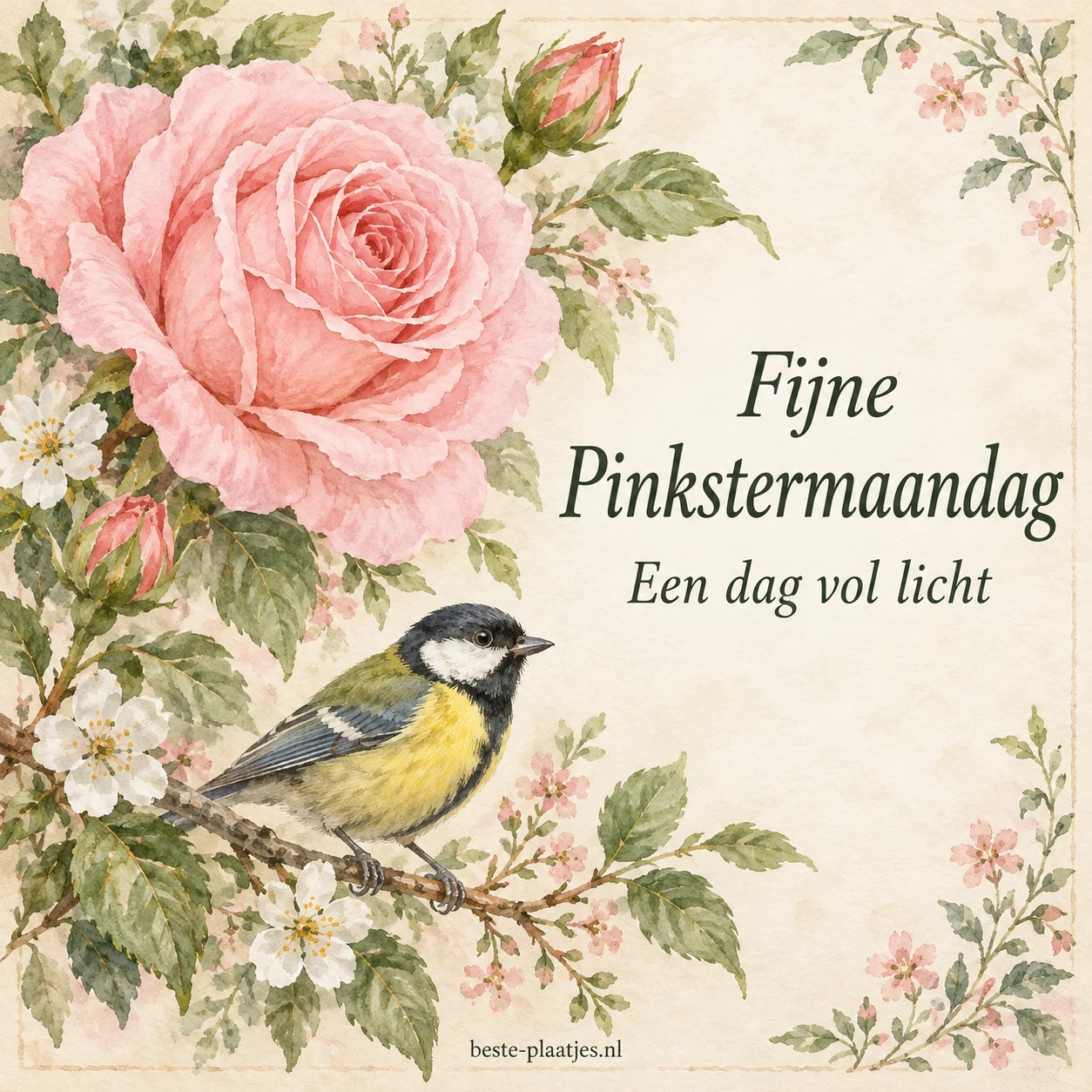 Een roze roos en een kleine vogel vormen samen een zachte aquarelkaart. Een roze roos en een kleine vogel vormen samen een zachte aquarelkaart.