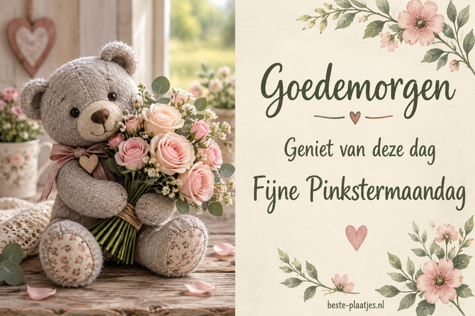 Een stoffen beer houdt roze rozen vast naast een lichte kaart met bloemen. Een stoffen beer houdt roze rozen vast naast een lichte kaart met bloemen.