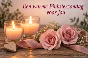 Twee brandende kaarsen staan naast roze papieren rozen op een houten tafel.