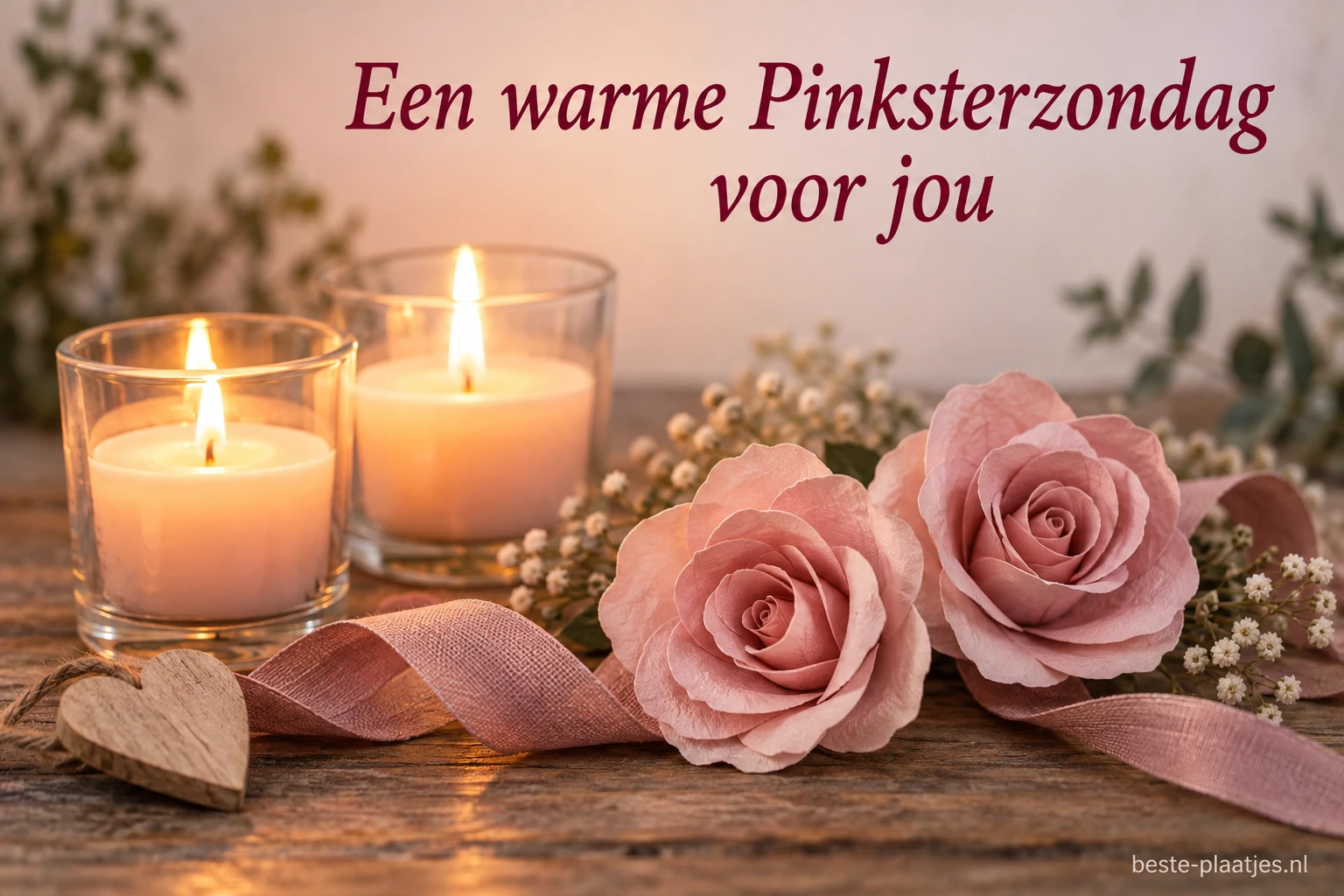 Twee brandende kaarsen staan naast roze papieren rozen op een houten tafel. Twee brandende kaarsen staan naast roze papieren rozen op een houten tafel.
