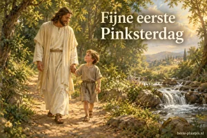 Een geschilderde Jezus wandelt met een kind langs een beek in een zonnig bos.