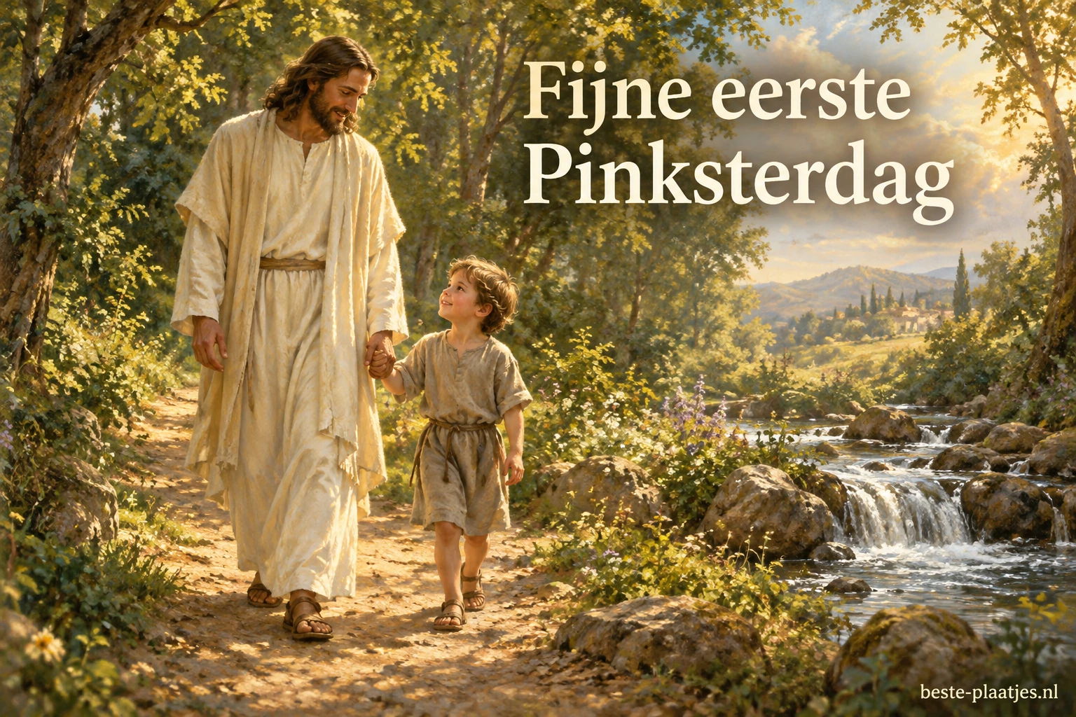 Een geschilderde Jezus wandelt met een kind langs een beek in een zonnig bos. Een geschilderde Jezus wandelt met een kind langs een beek in een zonnig bos.
