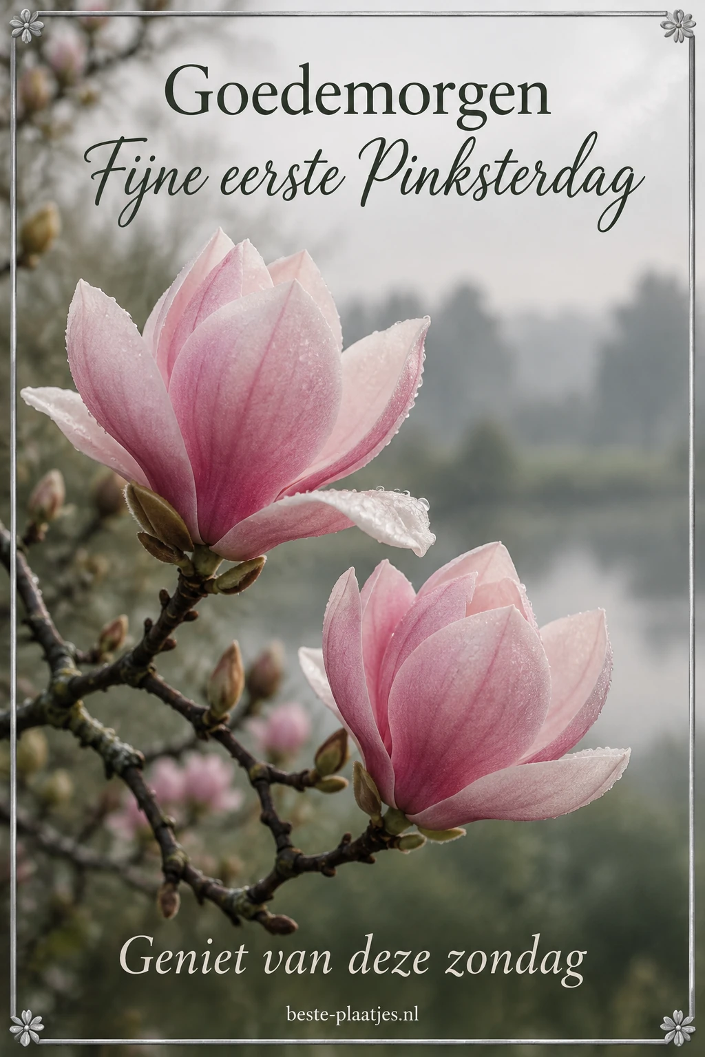 Twee roze magnoliabloemen staan binnen een dunne zilverkleurige lijst. Twee roze magnoliabloemen staan binnen een dunne zilverkleurige lijst.