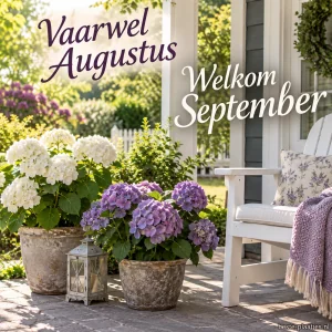 Witte en paarse hortensia's staan in potten naast een lichte tuinstoel.