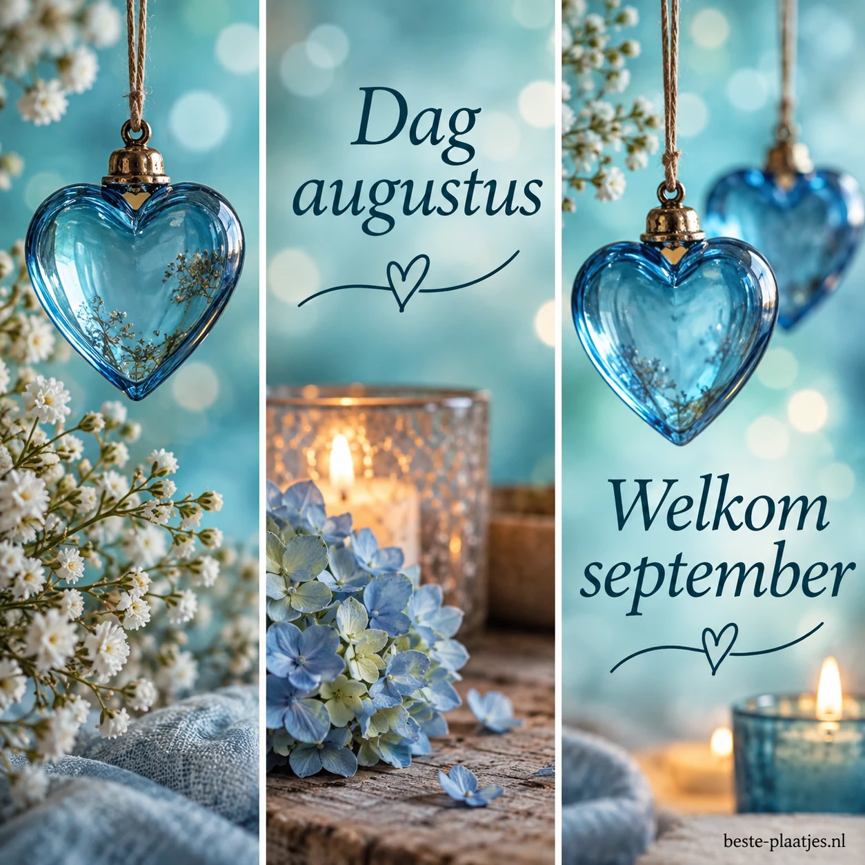 Blauwe glazen harten hangen in een zachte turquoise collage.