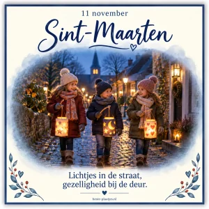 Drie kinderen met lampionnen lopen op 11 november door een sfeervolle dorpsstraat.