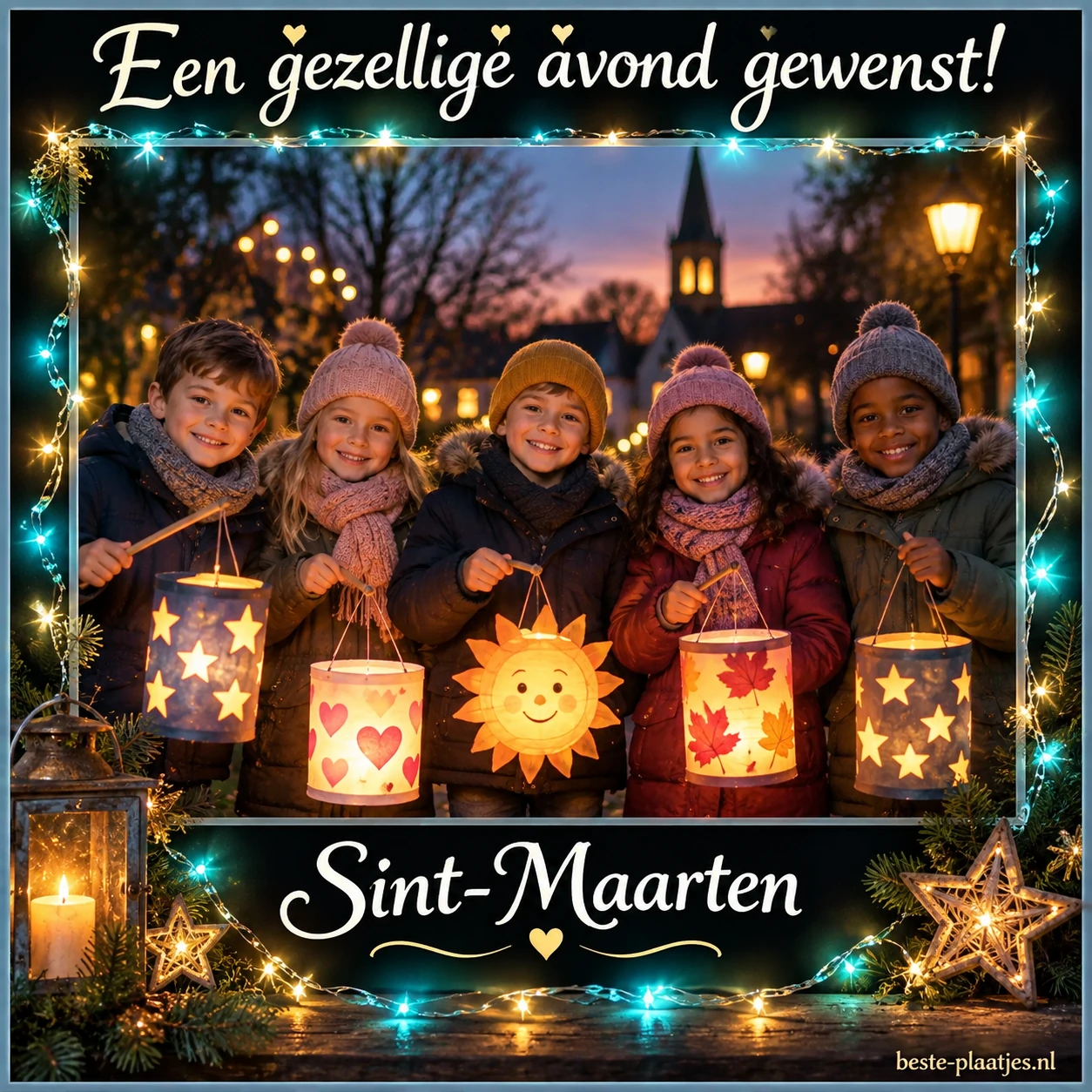 Vijf kinderen met kleurrijke lampionnen brengen de warme sfeer van Sint-Maarten.