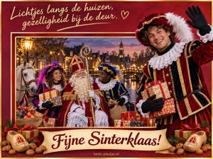 Een Sinterklaascollage met helpers, houten schoentjes en cadeaus brengt een feestelijke groet.