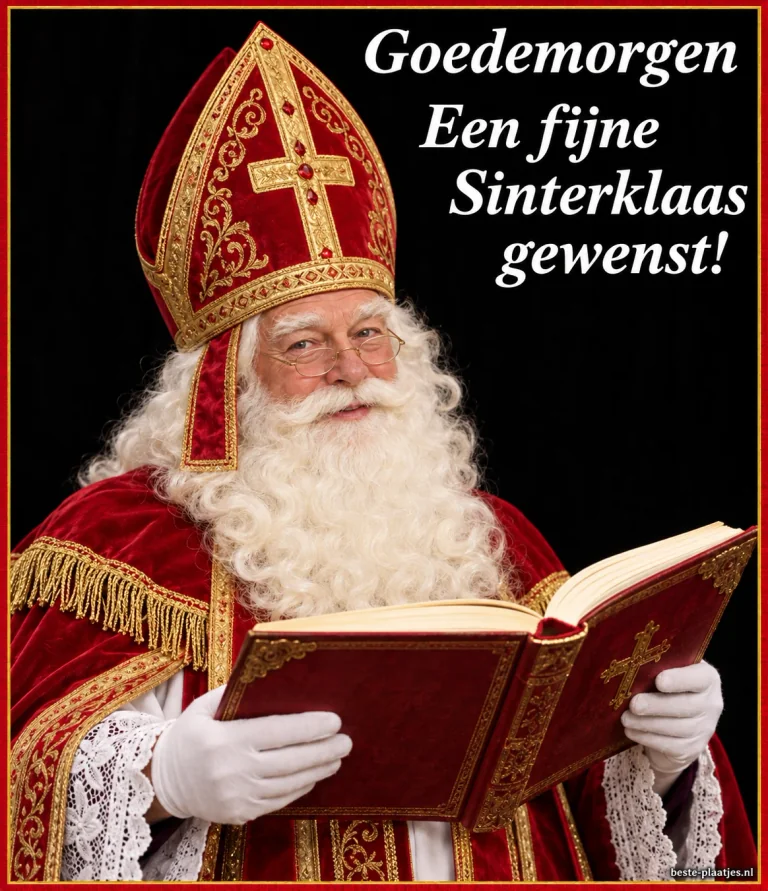 Sinterklaas leest in zijn boek op een donkere kaart met een goedemorgenwens.